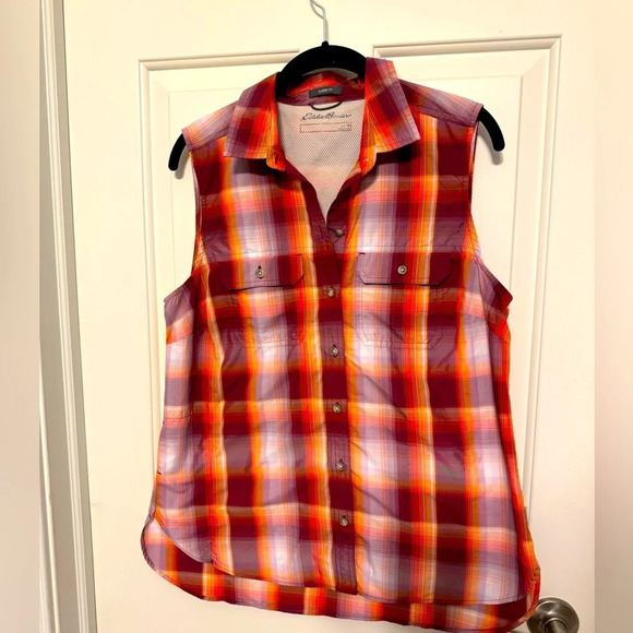 Eddie Bauer Sleeveless Button Up Top Sz Medium Orange Plaid - Picture 1 of 4